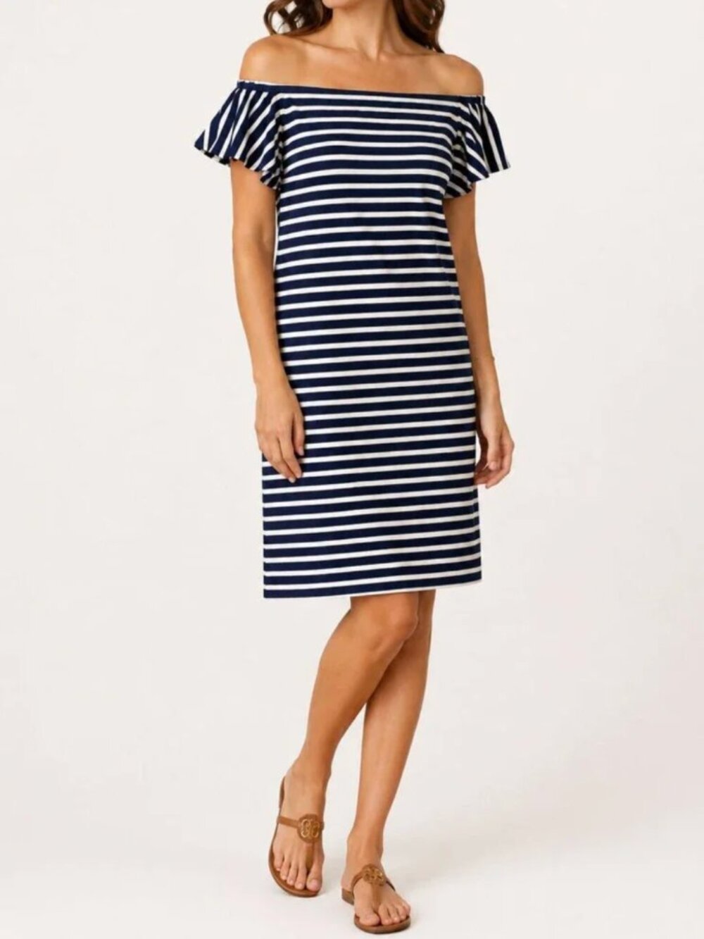 LAUREN Ralph Lauren Off the Shoulder Nautical Navy Striped 100% Cotton Dress